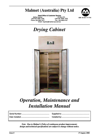 Drying Cabinet Operation and Maintenance Manual Issue 6 Aug 2006