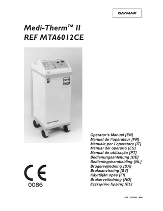 Medi-ThermTM II  Before you begin . . .  Receiving Inspection Table of Contents Section 1.0 2.0 3.0 4.0 5.0 6.0  7.0 8.0 9.0 10.0 11.0 12.0 13.0 14.0  Description Page Indications for Use ... 1 Safety Precautions ... 1 Description ... 2 Operator Control Panel ... 4 Start-up Procedure ... 6 Modes of Operations: BLANKET CONTROL ... 8 PATIENT CONTROL ... 9 MONITOR ONLY ... 10 Shutdown Procedure ... 10 Safety Systems ... 11 Troubleshooting ... 12 Care and Cleaning ... 14 Blankets/Accessories ... 16 Customer Training ... 16 Warranty ... 16 Specifications ... 17  Refer to the Medi-Therm II Service Manual for Receiving Inspection and Check-out Procedures. If you have any questions, contact your local dealer.  Illustrations Figure 1 2 3 4 5 6 7 8  Description  Page  Medi-Therm II System ... 3 Medi-Therm II Control Panel ... 5 Float ... 6 Pinch Clamps ... 6 Quick-disconnects ... 7 Clik-Tite Connector ... 7 Probe Check Well ... 13 Probe Check Well ... 15  Gaymar® and Clik-Tite® trademarks are registered in the U. S. Patent and Trademark Office. Gaymar®, Clik-Tite®, and Medi-ThermTM are trademarks of Gaymar Industries, Inc. © 1999. Gaymar Industries, Inc. All rights reserved.  Dangerous voltage  Year of manufacture  
