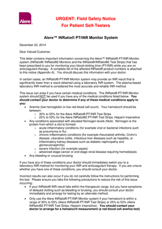 INRatio PTINR Monitoring System Urgent Field Safety Notice Dec 2014