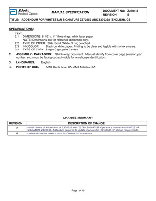 Addendum for Abbott Medical Optics SOVEREIGN Signature Operators Manual Rev B Sept 2012
