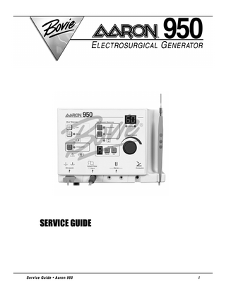 TABLE OF CONTENTS Preface ...ii Equipment Covered in this Manual ...ii For Information Call ...ii Safety Precautions when Operating the Generator ...iii Applicable Safety Standards ...iii Conventions Used in this Guide ...iii The Aaron 950 Electrosurgical Generator ...1-1 Functional Description ...1-2 Unit Description ...1-3 Safety Precautions when Repairing the Generator ...1-3 General Warnings, Cautions, and Notices ...1-3 Active Accessories ...1-4 Fire / Explosion Hazards ...1-4 Generator Electric Shock Hazards ...1-5 Servicing ...1-5 Cleaning ...1-5 Controls, Indicators, and Receptacles ...2-1 Front Panels ...2-2 Controls and Indicators Overview ...2-3 Cut, Blend, and Coag Controls ...2-5 Fulguration, Bipolar, and Preset Controls ...2-6 Indicators and Receptacles ...2-7 Symbols on the Front Panel ...2-8 Rear and Side Panels ...2-9 Symbols on the Rear Panel ...2-9 Symbols on the Side Panel ...2-9 Technical Specifications ...3-1 Performance Characteristics ...3-2 Input Power ...3-2 Duty Cycle ...3-2 Dimensions and Weight ...3-2 Operating Parameters ...3-2 Transport and Storage ...3-2 Audio Volume ...3-3 Low Frequency (50-60 Hz) Leakage Current ...3-3 High Frequency (RF) Leakage Current ...3-3 Standards and IEC Classifications ...3-4 Class I Equipment (IEC 60601-1) ...3-4 Type BF Equipment (IEC 60601-1) / Defibrillator Proof ...3-4 Drip Proof (IEC 60601-2-2) ...3-4 Electromagnetic Interference ...3-4 Electromagnetic Compatibility (IEC 60601-1-2 and IEC 60601-2-2) ...3-4 Voltage Transients (Emergency Generator Mains Transfer) ...3-4 Output Power Characteristics ...3-5 Maximum Output for Bipolar and Monopolar ...3-5 Output Power Curves ...3-6 Monopolar Cut Curves ...3-6 Additional Monopolar Output Power Curves ...3-7 Bipolar Curves ...3-10 Reference Output Waveforms ...3-11  iv  Bovie / Aaron Medical  