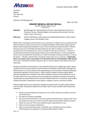 OSI Modular Table Systems Urgent Medical Device Recall March 2012