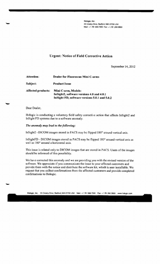 InSight 2 and InSight FD Urgent Notice of Field Corrective Action Sept 2012