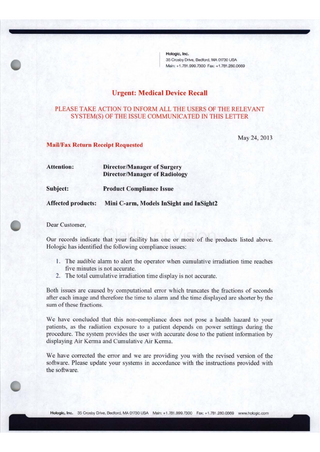 InSight and InSight 2 Urgent Medical Device Recall May 2013