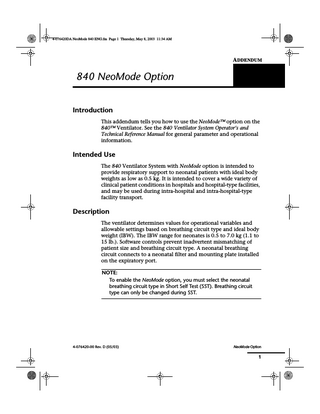 840 Series Ventilator System Operator’s Manual Addendum Rev D NeoMode Option