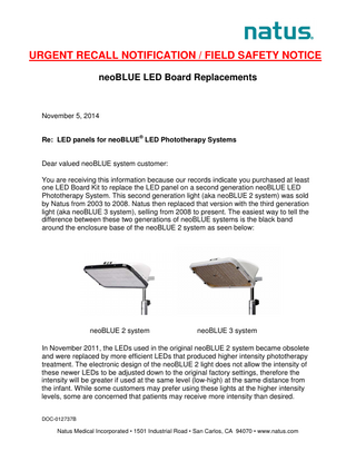 neoBLUE Blanket System Urgent Recall Notification Field Safety Notice November 2014