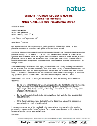 neoBLUE mini Phototherapy Device Urgent Product Advisory Notice October 2009