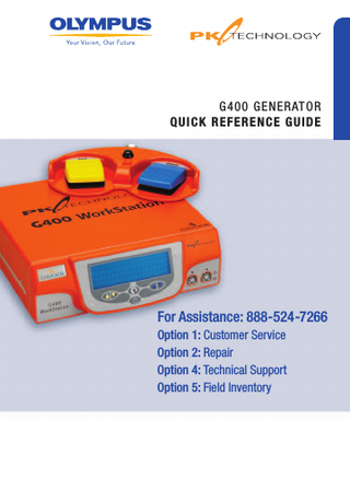 G 400 G ENERATOR QUIC K RE FE RE N CE GUID E  For Assistance: 888-524-7266 Option 1: Customer Service Option 2: Repair Option 4: Technical Support Option 5: Field Inventory  