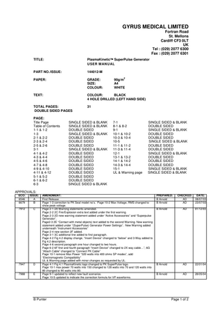 PlasmaKinetic SuperPulse Generator User Manual Issue M Nov 2009