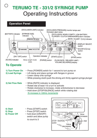 TERUMO TE - 331/2 SYRINGE PUMP  Operating Instructions  Operation Panel  To Operate  Body weight mode (332)  1) Turn Power On 2) Load Syringe  • Press [POWER] switch for 1 second to turn pump on • Lift clamp and place syringe with flanges in groove • Lower clamp onto syringe • While pressing clutch push the driving arm firmly against syringe plunger  3) Set Flow Rate  • While [RATE] indicator is displayed • Rotate dial at least 1/2 a turn to activate • Rotate clockwise to increase, rotate anticlockwise to decrease • Hold down [STOP/SILENCE] switch while rotating dial To increase in 100mL increments  4) Start 5) Stop 6) Power Off  • Press [START] switch • Press [STOP] switch • hold down [ON/OFF] switch and allow pump to count to 3  