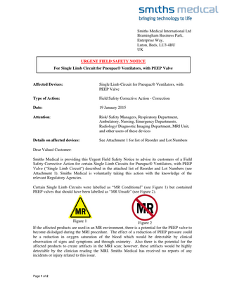 pneupac Ventilators with PEEP Valves Urgent Field Safety Notice Jan 2015