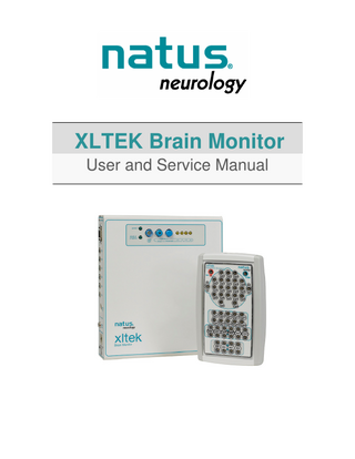 XLTEK Brain Monitor Amplifier  User & Service Manual  Table of Contents INTRODUCTION  4  PRODUCT INTENDED USE USING THE MANUAL MANUAL CONVENTIONS  4 5 5  BRAIN MONITOR SAFETY AND STANDARDS CONFORMITY  6  STANDARDS OF COMPLIANCE AND NORMATIVE REFERENCES DECLARATION OF COMPLIANCE FOR IEC 60601-1-2  6 8  WARNINGS AND CAUTIONS  13  GENERAL WARNINGS ELECTRICAL WARNINGS AND CAUTIONS PATIENT ENVIRONMENT WARNINGS AND CAUTIONS MASIMO PULSE OXIMETER WARNINGS MASIMO PULSE OXIMETER SENSOR WARNINGS  13 14 14 15 16  DESCRIPTION OF SYMBOLS  17  SPECIFICATIONS: BRAIN MONITOR AMPLIFIER  18  PRODUCT IMAGES  21  BRAIN MONITOR BASE UNIT BRAIN MONITOR BREAKOUT BOX  21 24  UNPACKING  25  SETTING UP  26  USB-STYLE CONNECTION ETHERNET-STYLE CONNECTION TESTING THE BRAIN MONITOR AMPLIFIER CALIBRATION AND VERIFICATION CHANNEL TEST IMPEDANCE CHECK PULSE OXIMETER INDICATIONS FOR USE  26 27 27 27 28 29 29 30  2  