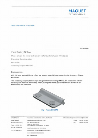 Accessory Adapter 600525A0 Field Safety Notice Sept 2009