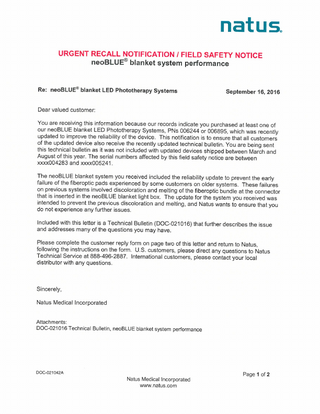 neoBLUE Blanket System Urgent Recall Notification Field Safety Notice Sept 2016
