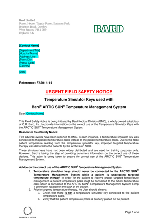 ARCTIC SUN 5000 Urgent Field Safety Notice Aug 2014