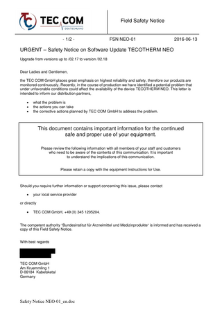 TECOTHERM NEO Urgent Safety Notice June 2016