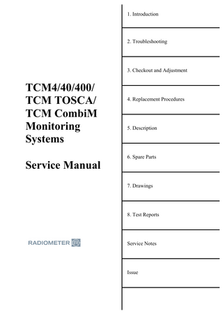 1. Introduction  2. Troubleshooting  3. Checkout and Adjustment  TCM4/40/400/ TCM TOSCA/ TCM CombiM Monitoring Systems Service Manual  4. Replacement Procedures  5. Description  6. Spare Parts  7. Drawings  8. Test Reports  Service Notes  Issue  