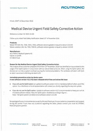 fabian HFO and evolution Medical Device Urgent Field Safety Corrective Action Dec 2016