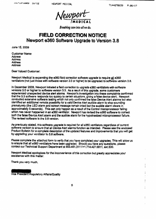 e360 Field Correction Notice June 2009