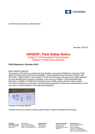 OxiMax N-65 series and N-650 Urgent Field Safety Notice May 2015