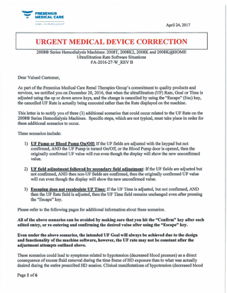 2008 Series Hemodialysis Machines Urgent Medical Device Correction April 2017