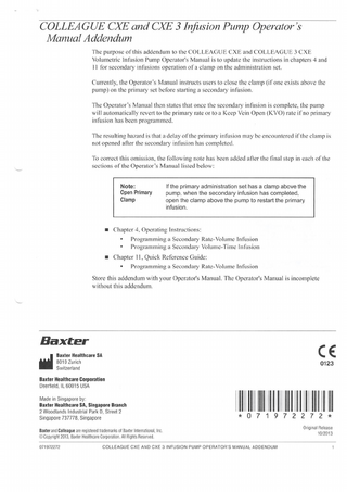 Colleague CXE and CX 3 Infusion Pump Operators Manual Addendum Oct 2013