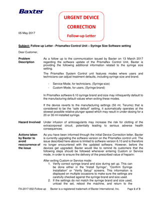 Prismaflex Control Unit Urgent Device Correction Follow-up Letter May 2017