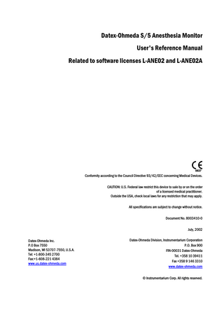 S5 Anesthesia Monitor Users Reference Manual July 2002