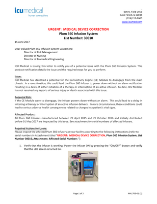 HOSPIRA PLUM 360 Urgent Medical Device Correction June 2017