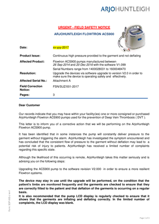 FLOWTRON ACS900 Urgent Field Safety Notice June 2017