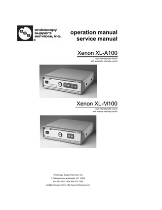 operation manual Xenon XL-A100 / Xenon XL-M100  table of contents  page 1  1  safety reference / place the equipment _______________________________________________________2 1.1 safety reference ... 2 1.2 place the equipment... 2  2  general advises / signs and symbols ________________________________________________________3  3  description of the equipment _______________________________________________________________5  4  operating elements _______________________________________________________________________6 4.1 operating elements on the frontpanel... 6 4.2 operating elements on the rear ... 7  5  connecting and operating the equipment_____________________________________________________8 5.1 operating the equipment ... 9 5.1.1 operating the equipment without video input ... 9 5.1.2 operating the equipment with video input (only Xenon XL-A100) ... 9  6  service manual / maintenance of the equipment ______________________________________________11 6.1 possible causes / remedy... 11 6.2 selection of the line voltage setting ... 11 6.3 exchanging the mains fuses... 12 6.4 replacing the lamp... 12 6.5 cleaning / desinfecting ... 13  7  technical data___________________________________________________________________________14  8  spare parts _____________________________________________________________________________14  9  table ‘technical service-information’ ________________________________________________________15  file: Xenon XL-A100 - Xenon XL-M100.doc, date: 23. September 2003  