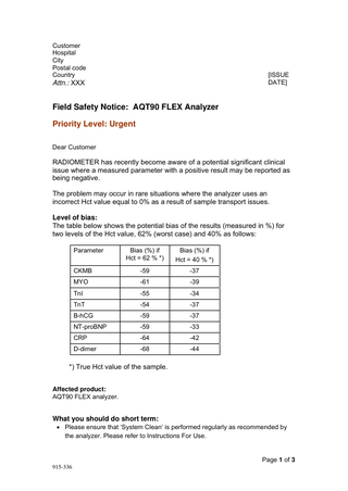 AQT90 FLEX Analyzer Field Safety Notice-Incorrect Hct