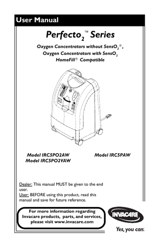 INVACARE Perfecto 2 Series Oxygen Concentrators User Manual Model IRC5Pxxx Rev C Sept 2010