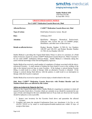 CADD Urgent Field Safety Notice Recall-Medication Cassette Issue Feb 2015