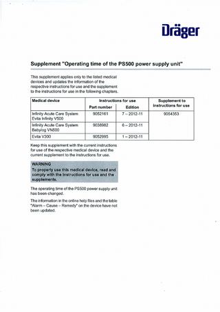 Evita V300 Supplement - Operating time of the PS500 power supply unit Edition 1 May 2014