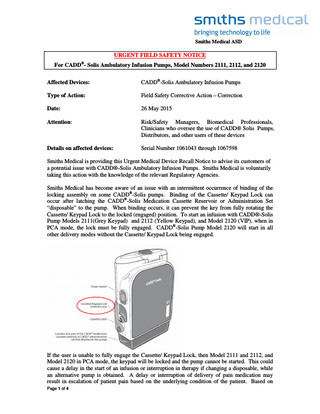 CADD-Solis Urgent Field Safety Notice-Locking Assembly Issue May 2015