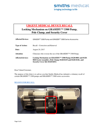 Graseby 3000 and 3300 pump Urgent Medical Device Recall Aug 2017