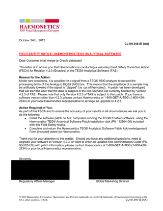 TEG Analytical Software Field Safety Notice Oct 2012