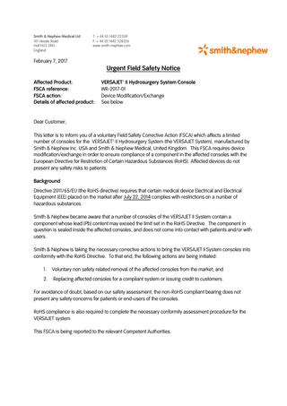 VERSAJET II Console Urgent Field Safety Notice Feb 2017