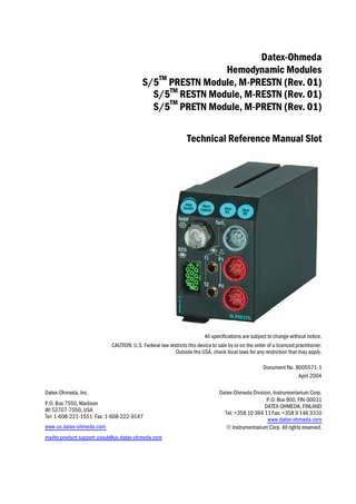 S5 Hemodynamic Modules Technical Reference Manual Slot April 2004