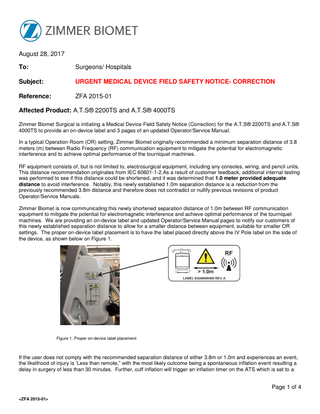 A.T.S 2200TS and 4000TS Urgent Medical Device Field Safety Notice Aug 2017