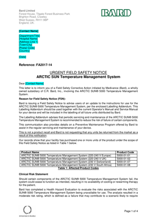 ARCTIC SUN 5000 system Urgent Field Safety Notice Oct 2017