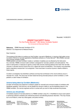 980 Series Urgent Field Safety Notice Aug 2015