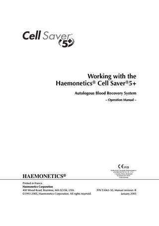 Table of contents Chapter One  Presenting the Cell Saver 5+ System  INTRODUCING THE CELL SAVER 5+ SYSTEM... 1-3 Indications for use... 1-3 Contraindications for use... 1-4 EXPLAINING AUTOLOGOUS BLOOD TRANSFUSION... 1-5 Autologous versus homologous transfusion... 1-5 Cell Saver systems and autologous transfusion... 1-5 Historical overview... 1-6 Haemonetics Cell Saver systems... 1-7 PRESENTING SPECIAL CELL SAVER 5+ FEATURES... 1-8 Automated operation... 1-8 Computer guided setup... 1-8 Final blood product quality... 1-9 Performance readouts... 1-9 Data acquisition tools... 1-9 Emergency mode... 1-9 LISTING THE CELL SAVER 5+ SPECIFICATIONS... 1-10 Fluid management systems... 1-11 Processing speeds... 1-11 Maneuverability and portability... 1-12 Construction... 1-12 ORDERING CELL SAVER 5+ DISPOSABLE SETS... 1-13 REFERENCES... 1-14  Chapter Two  Describing the Cell Saver 5+ System Components  PRESENTING THE CELL SAVER 5+ SYSTEM COMPONENTS... 2-3 Power switch and power entry module... 2-3 DESCRIBING THE CELL SAVER 5+ CONTROL PANEL... 2-4 Display screen... 2-4 Keypad... 2-5 DESCRIBING THE CELL SAVER 5+ HARDWARE ELEMENTS... 2-10 Valves... 2-10 Pump... 2-10 Air detector... 2-11 Clamped line sensor (blue line sensor)... 2-11  P/N 53063-30, Manual revision: B  xi  