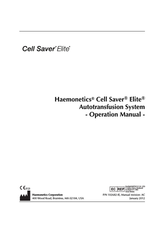 Table of contents Chapter 1, Introduction THE HAEMONETICS CELL SAVER ELITE DEVICE... 1-2 What is the purpose of this manual?... 1-2 What is the Cell Saver Elite Autotransfusion System?... 1-2 Indications for use... 1-2 Contraindications... 1-3 New features of the Cell Saver Elite system... 1-3 Blood product quality... 1-4 SYMBOLS... 1-5 Symbols found in this document... 1-5 Symbols found on the device... 1-5 DEVICE SPECIFICATIONS... 1-8 Device classification... 1-8 Physical specifications... 1-8 Environmental specifications... 1-8 Electrical specifications... 1-9 Suction specifications... 1-10 Laser specifications... 1-10 ORDERING INFORMATION... 1-12  Chapter 2, Equipment description OVERVIEW... 2-2 TOP DECK AND FRONT PANEL COMPONENTS... 2-3 Device cover... 2-3 Effluent line sensor... 2-3 Air detector... 2-3 Pump... 2-3 Handle... 2-3 Valve module... 2-4 Centrifuge system... 2-5 REAR AND SIDE PANEL COMPONENTS... 2-7 Waste bag weigher... 2-7 Air intake... 2-7 Air exhaust filter... 2-7 Touch screen storage mount... 2-7 Vacuum connection... 2-8 Touch screen cable entry... 2-8 Equipotential ground terminal connection... 2-8 Reservoir weigher connection... 2-8 Power entry module... 2-8 Power cord... 2-8  Haemonetics® Cell Saver® Elite® Operation Manual  P/N 102682-IE, Manual revision: AC  