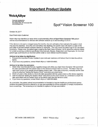 Spot Vision Screener 100 Important Product Update Oct 2017