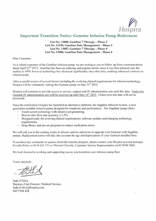 Gemstar Infusion Pump System Important Transition Notice-Retirement May 2015