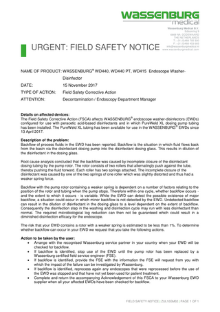 Type WD440 , WD440 PT and WD415 Urgent Field Safety Notice Nov 2017