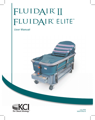 TABLE OF CONTENTS INTRODUCTION... 1-1 Indications... 1-1 Contraindications... 1-1 Risks and Precautions... 1-2 Safety Information... 1-3 PATIENT PLACEMENT... 2-1 Preparation for Patient Placement... 2-1 Patient Transfer to the FluidAir™ II and FluidAir™ Elite™ Units... 2-2 Fluidization Adjustment... 2-2 Completion of Patient Placement... 2-3 NURSING CARE... 3-1 CPR... 3-1 Caregiver Convenience... 3-1 Skin Care... 3-2 Incontinence/Drainage... 3-2 Patient Repositioning using Dri-Flo™ Underpad... 3-2 Patient Bathing... 3-2 Bedpan Placement... 3-3 Bedpan Removal... 3-4 Diagnostic X-Ray Procedures... 3-4 Patient Transfer to the FluidAir™ II and FluidAir™ Elite™ Units... 3-4 Patient Transfer from the FluidAir™ II and FluidAirTM Elite™ Units... 3-5 Patient Transport... 3-5 CARE AND CLEANING... 4-1 Daily Care and Cleaning of the FluidAir™ II and FluidAir™ Elite™ Units... 4-1 Weekly Care and Cleaning of the FluidAir™ II and FluidAir™ Elite™ Units... 4-2 OPERATING INSTRUCTIONS... 5-1 Power-Up Procedure... 5-1 Main Control Panel... 5-1 Home Displays... 5-2 Fluidization Adjustment... 5-3 Fluidization Lock-Out... 5-3 Pause in Fluidization... 5-4 Temperature Adjustment... 5-4 Temperature Scale (Centigrade or Fahrenheit)... 5-5 Temperature Lock-Out... 5-5  iii  