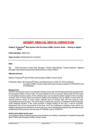 Progressa Urgent Medical Device Correction July 2016